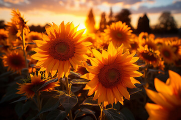 Garden Rows of Sunflowers Bathed in Golden Sunlight, Spreading Happiness and Love, happiness and love,  