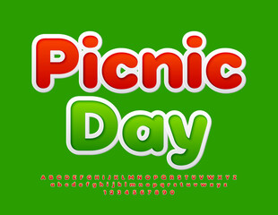 Vector recreational sign Picnic Day. Red Alphabet Letters and Numbers set. Modern bright Font