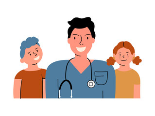 Obraz premium Pediatrician together with children, girl and boy. Vector illustration in hand drawn style.