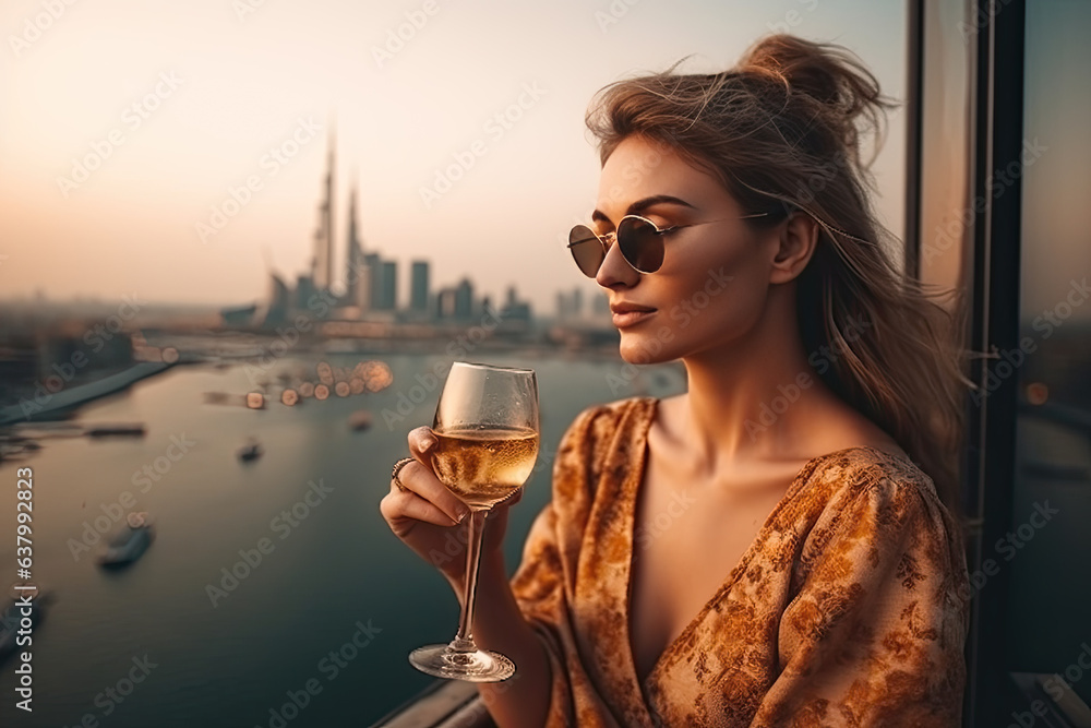 Wall mural Confident girl in sunglasses and gold elegant dress holds glass of champagne in her hands stands on balcony and admires view of city with skyscrapers at sunset - Wall murals