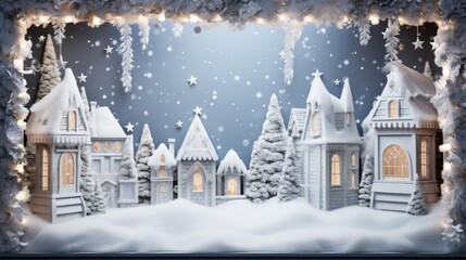 A christmas scene with a snow covered town