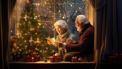 An older couple reading a book in front of a christmas tree