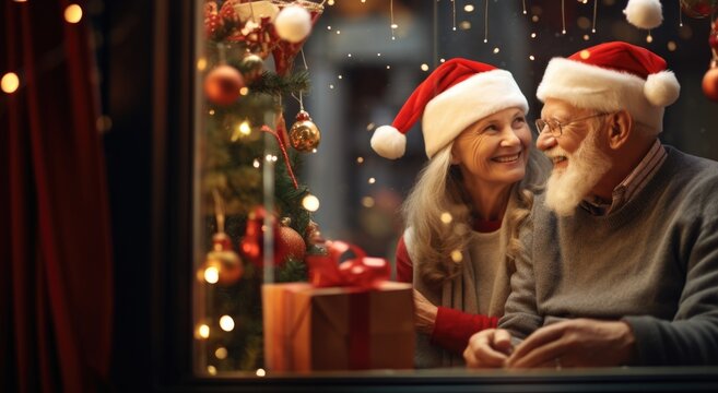 A man and woman in santa hats looking out a window