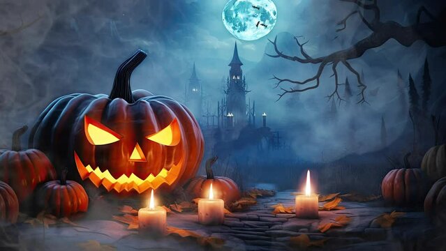 halloween night decorative with bat and moon background. seamless looping time-lapse virtual  4k video animation background.