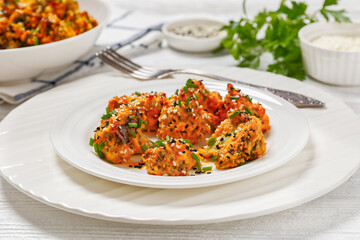 bang bang broccoli bites on plate, top view