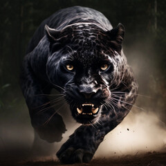 A Snarling Black Panther Charging Forward