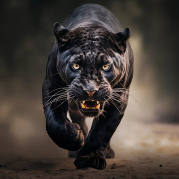 A Snarling Black Panther Charging Forward