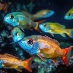 Fish surrounded by young ones in clear deep sea, vivid color