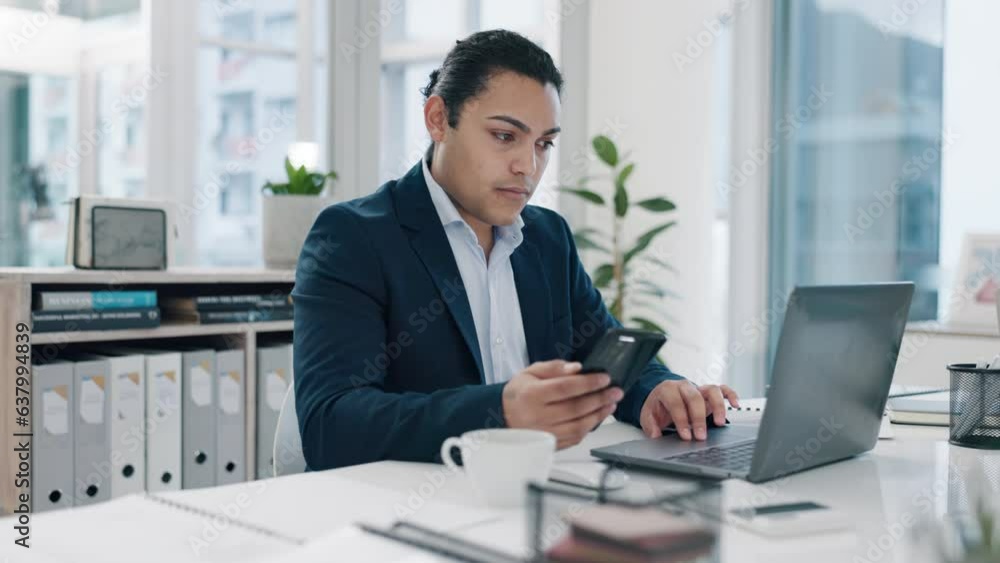 Poster phone check, laptop typing and man in business office with seo planning and web administration at wo