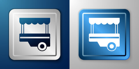 White Fast street food cart with awning icon isolated on blue and grey background. Urban kiosk. Silver and blue square button. Vector