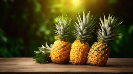 Pineapples on the wooden in blur green background