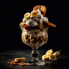 Delicious vanilla ice cream sundae with banana, hazelnuts, almonds, biscuits, whipped cream in modern photo style with professional lighting