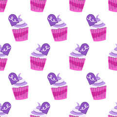 Cupcake with tombstone Halloween seamless pattern. Trick or treat, spooky cakes, cute childish print. Flat cartoon vector illustration isolated on white background