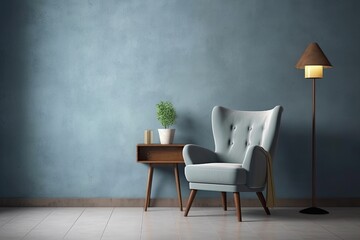 The room has a gray wall, a blue chair, and a wood side table.