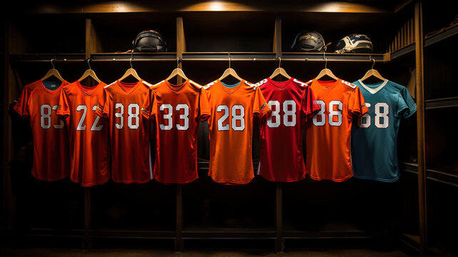 Sports T-shirts With Numbers Hanging, Await Athletes In Football Locker Room, Ready For Action Game And Team Unity In Sports. Colorful Sport Jersey Hanging On Rack, Soccer Uniform Kit