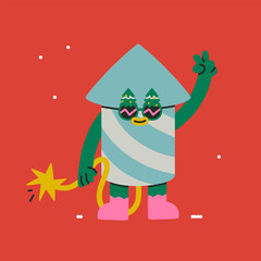 Naklejka premium Retro Christmas sparkler character. Groovy cartoon firework in sunglasses say Hi. Perfect for greeting cards or branding. Festive digital art. All items are isolated