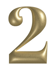 3d number 2 with realistic golden texture. Metal, inflate, luxury number two serif font, isolated on transparent background.