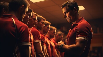Coach Talking to Soccer Sports Team, Discussing Strategy and Tactics Before a Game in Locker Room. Coaching, planning training progress, Leadership athlete group for football team goals, teamwork