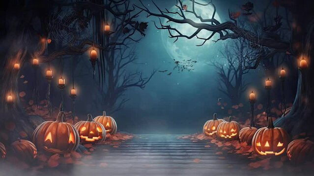 halloween night decorative with bat and moon background. seamless looping time-lapse virtual  4k video animation background.