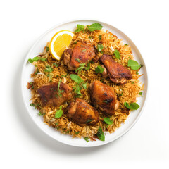 Chicken Biryani Pakistani Dish On Plate On White Background Directly Above View