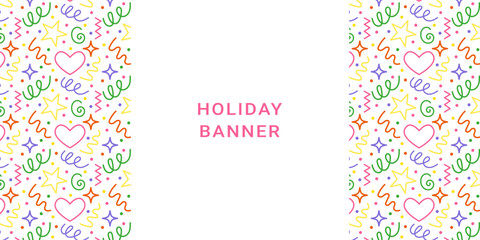 Colorful Holiday Banner childish doodle pattern. Festive hand drawn template. Childish carnival invitation. Flat graphic vector illustration