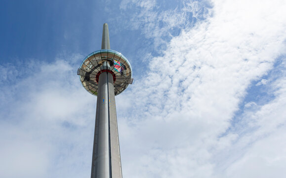 Brighton, united kingdom, 23, August 2023 The British Airways i360 skyline tower is the world's tallest in the world in Brighton Pier. Glass pod and tower for sightseeing attraction at Brighton Pier, 