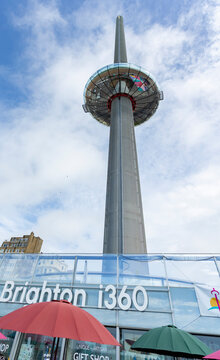 Brighton, united kingdom, 23, August 2023 The British Airways i360 skyline tower is the world's tallest in the world in Brighton Pier. Glass pod and tower for sightseeing attraction at Brighton Pier, 
