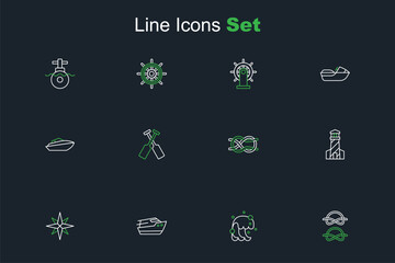 Set line Nautical rope knots, Tsunami, Speedboat, Wind rose, Lighthouse, Crossed oars or paddles and icon. Vector