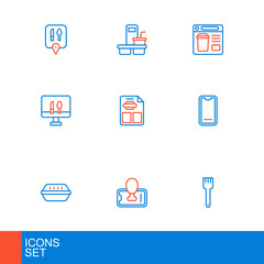 Set line Fork, Food ordering on mobile, Lunch box, Online food, Restaurant cafe menu, and Coffee cup to go icon. Vector