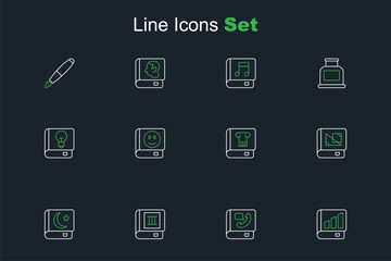 Fototapeta premium Set line Financial book, Phone, Book, Holy of Koran, about geometry, History, and User manual icon. Vector