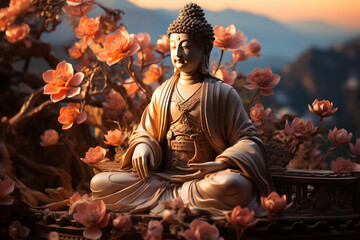 Big Buddha statue with flowers, beautiful sunset sky background. AI generative