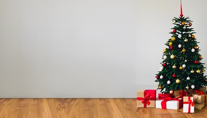 Christmas tree with presents. Big, beautiful Christmas tree decorated with beautiful shiny baubles. Holiday, gift, decoration, Xmas.