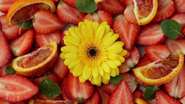 bstract Nature's Palette: Yellow Flower and Strawberry Infuse the Background