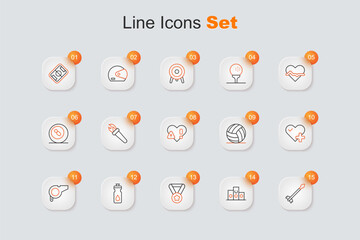 Set line Medieval arrows, Award over sports winner podium, Medal, Fitness shaker, Whistle, Heart rate, Volleyball ball and icon. Vector