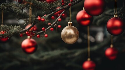 Generative AI, Chhristmas and new year balls in the fir tree branches, holidays concept, festive winter season background