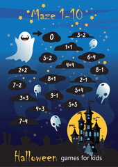 Mini games for children, Halloween. Mathematical maze. book for preschooler