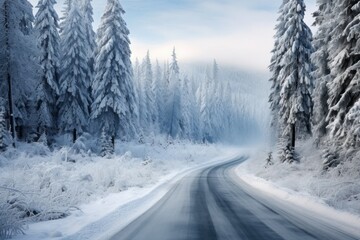 Fototapeta na wymiar Icy forest roads amidst snow; cold winter weather. Concept of tranquil nature and frosty travel.