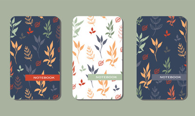 Obraz premium Set of fashion covers. Abstract design from autumn bright leaves. For notebooks, planners, brochures, diaries. Vector illustration.