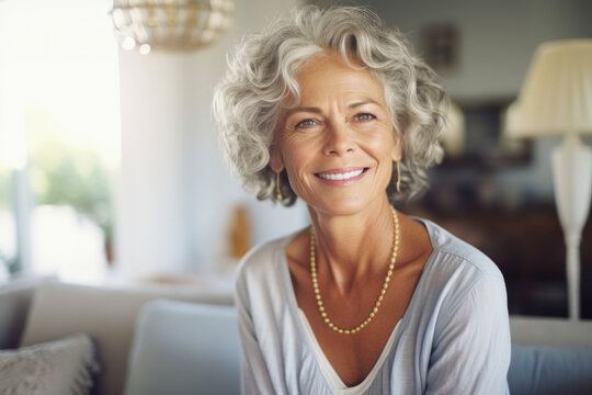 Smiling middle aged woman at home single mature