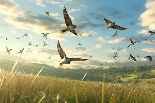 Swallows In Flight. Aerial Ballet Of Freedom Across Green Meadow.