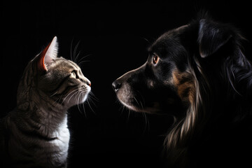 Portrait Of Cat And Dog In Profile On Blakc Background