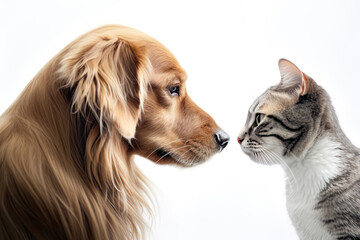 Portrait Of Cat And Dog In Profile On White Background