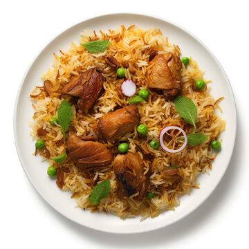 Sindhi Biryani Pakistani Dish On Plate On White Background Directly Above View