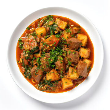 Nigerian Stew Nigerian Dish On Plate On White Background Directly Above View