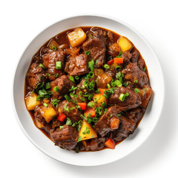 Oxtail Stew Jamaican Dish On Plate On White Background Directly Above View