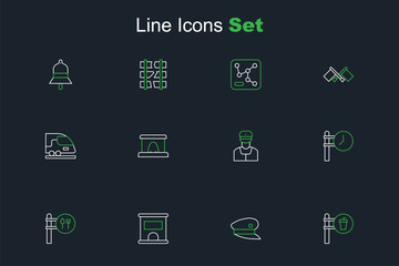Fototapeta premium Set line Cafe and restaurant location, Train driver hat, Ticket office to buy tickets, station clock, conductor, Railway tunnel and High-speed train icon. Vector