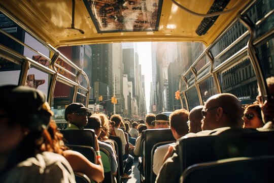 Tourists Capturing Landmarks on Open-Deck Bus Tour. Generative AI.