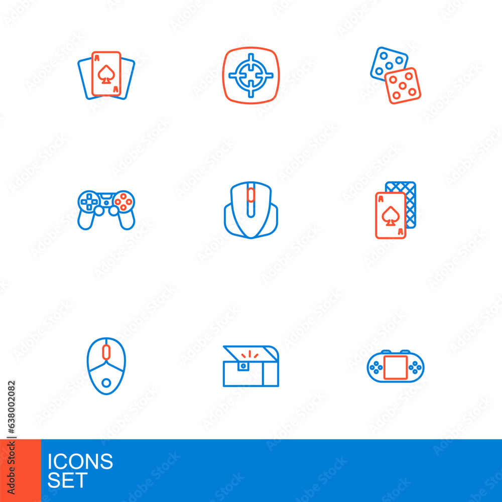 Poster set line portable video game console, chest for, computer mouse, playing cards, game controller joys