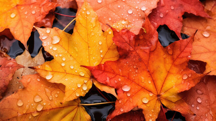 Close up of beautiful wet colored autumn maple tree leaves, autumn foliage with rain drops