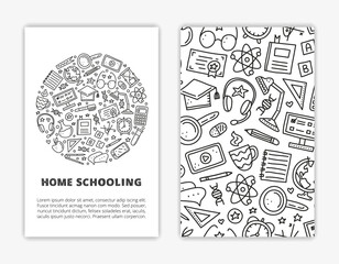 Card templates with doodle education, e-learning icons.